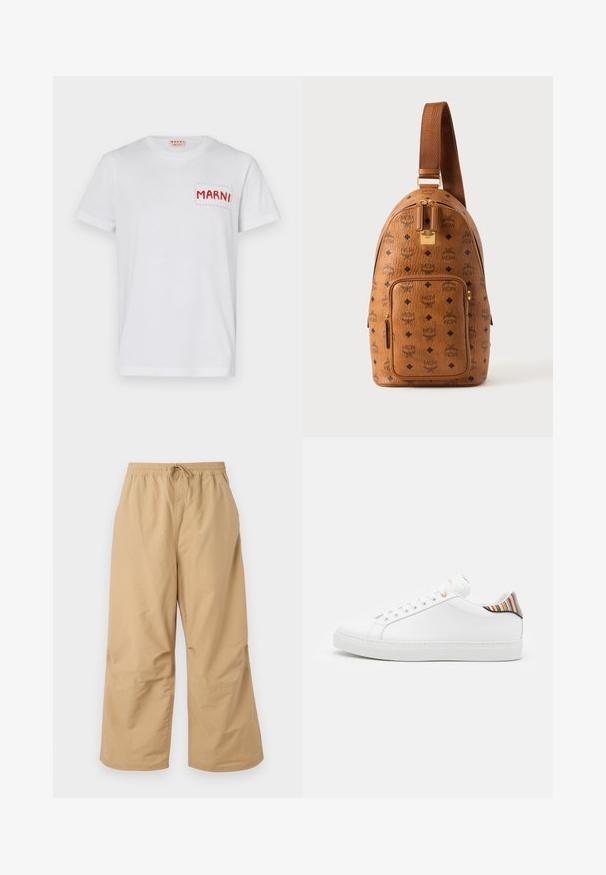 T-shirt en coton blanc avec une poche rouge brodée portant "MARNI" sur le côté gauche de la poitrine et des manches courtes. Texture lisse, col rond classique.; Pantalons larges beiges en tissu léger, avec une taille élastique dotée d'un cordon de serrage et des accents cousus près de l'ourlet.; Baskets en cuir blanc avec une finition lisse, présentant un accent rayé coloré au niveau du talon, des œillets dorés et une semelle blanche plate.; Sac à dos bandoulière en cuir marron avec motif losange noir et logo MCM, poche avant zippée, fermeture éclair dorée et sangle réglable.