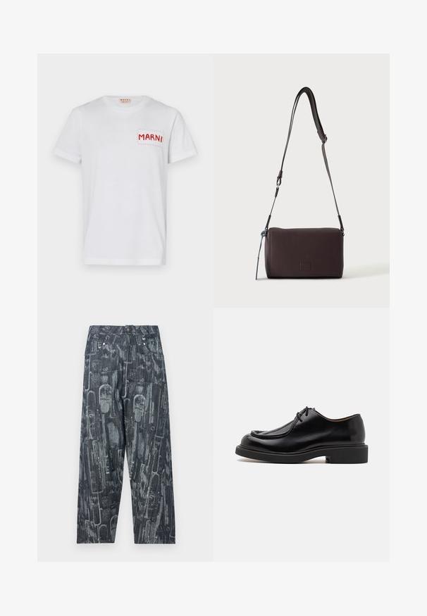 Camiseta de algodón blanca con un bolsillo bordado en rojo que dice "MARNI" en el lado izquierdo del pecho y mangas cortas. Textura suave, escote redondo clásico.; Vaqueros de pierna ancha en denim oscuro con un patrón abstracto y texturizado. Presentan una cintura alta, cierre de botones y costuras tonales.; Zapato de cuero negro con punta redondeada, detalles de costura, cordones mínimos y suela de goma gruesa para tracción y durabilidad.; Bolso bandolera de cuero marrón oscuro con textura, correa ajustable y pequeño adorno decorativo azul en el lateral.