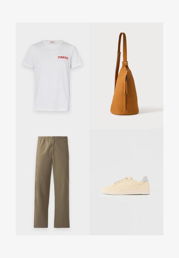 Camiseta de algodón blanca con un bolsillo bordado en rojo que dice "MARNI" en el lado izquierdo del pecho y mangas cortas. Textura suave, escote redondo clásico.; Pantalones caqui hechos de tela ligera. Presentan una cinturilla elástica, un cierre de botón, piernas rectas y una textura suave.; Zapatilla deportiva beige de corte bajo con cierre de cordones en la parte delantera, suela rosa claro y lengüeta trasera gris con la marca "Filling Pieces", mostrada de perfil sobre un fondo liso.; Bolso bandolera de piel color canela con correa ajustable y bolsillo vertical con cremallera, mostrado de lado sobre un fondo claro y liso.