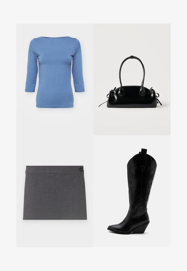 Blusa azul de manga larga fabricada en tejido suave, con escote en forma de barco y diseño ajustado. Presenta una textura lisa y costuras a lo largo del dobladillo.; Falda de tela gris con una textura suave, diseño recto y un solo botón negro en la cinturilla, con una estética limpia y simple.; Bota de vaquero de cuero negro con punta puntiaguda, tacón bloqueado inclinado, costuras decorativas y lengüetas en la parte superior sobre fondo blanco.; Pequeño bolso negro brillante con dos asas largas y detalles de cordón lateral sobre un fondo claro liso.