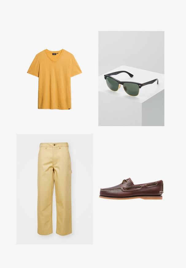 Camiseta amarilla de cuello en V, hecha de una tela suave y texturizada. Mangas cortas y un corte relajado. Presenta una pequeña etiqueta de la marca en el costado inferior.; Pantalones de algodón beige de pierna ancha con un cierre frontal de botón, lazos para cinturón y bolsillos laterales. Textura suave con detalles de costura visibles.; Zapato náutico de cuero marrón con costuras blancas, detalles de cordones y suela de goma color coñac, mostrado de lado sobre un fondo blanco.; Gafas de sol Ray-Ban con lentes verdes, montura de plástico negro y acentos dorados en los bordes. Forma cuadrada con acabado mate.