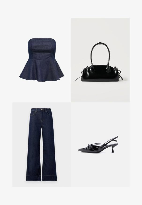 Top peplum sans manches en denim foncé avec un bodice ajusté et un ourlet évasé. Texture lisse avec des coutures nettes. Aucun matériel visible.; Jean large bleu foncé en denim. Caractéristiques : fermeture par bouton, détails de couture et poches latérales. Ourlet évasé en bas.; Escarpin slingback en cuir verni noir, bout pointu, petit talon kitten et nœud décoratif noué à l'avant.; Petit sac à main noir brillant avec deux longues anses et des détails à cordon sur les côtés sur un fond clair uni.