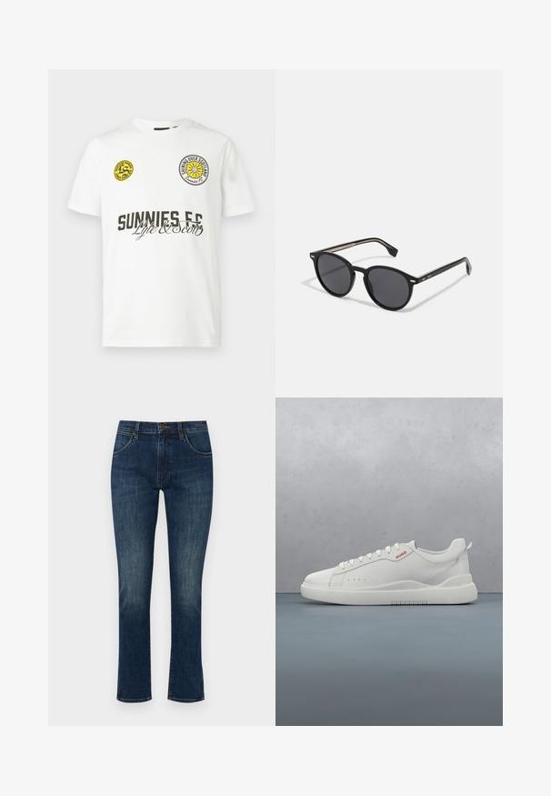 Camiseta blanca de manga corta con texto negro "SUNNIES FC", escrito "Lyle & Scott" y dos logos circulares amarillos en el pecho.; Jeans de mezclilla azul oscuro con ajuste slim y pierna recta. Cuenta con cinco bolsillos y cierre de botón. Ligera decoloración en los muslos.; Zapatilla blanca con un acabado de cuero liso, punta redonda, cuatro ojales, perforaciones sutiles y un detalle de logo rojo en el lateral.; BOSS Gafas de sol - black
