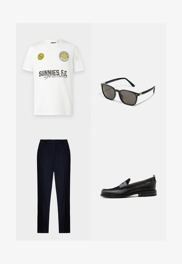 Valkoinen lyhythihainen T-paita, jossa musta "SUNNIES FC" -teksti, "Lyle & Scott" kirjoitus ja kaksi keltaista pyöreää logoa rinnassa.; Laivastansinisen väriset räätälöidyt housut, joissa on sileä pinta, litteä etuosa, vyölenkit ja kapea, kapeneva lahje.; Musta nahkalesti harmaalla remmikoristeella, matala korko ja teksturoitu pohja, sivustalla kullanvärisellä "HUGO"-brändillä.; Polo Ralph Lauren Aurinkolasit - shiny black
