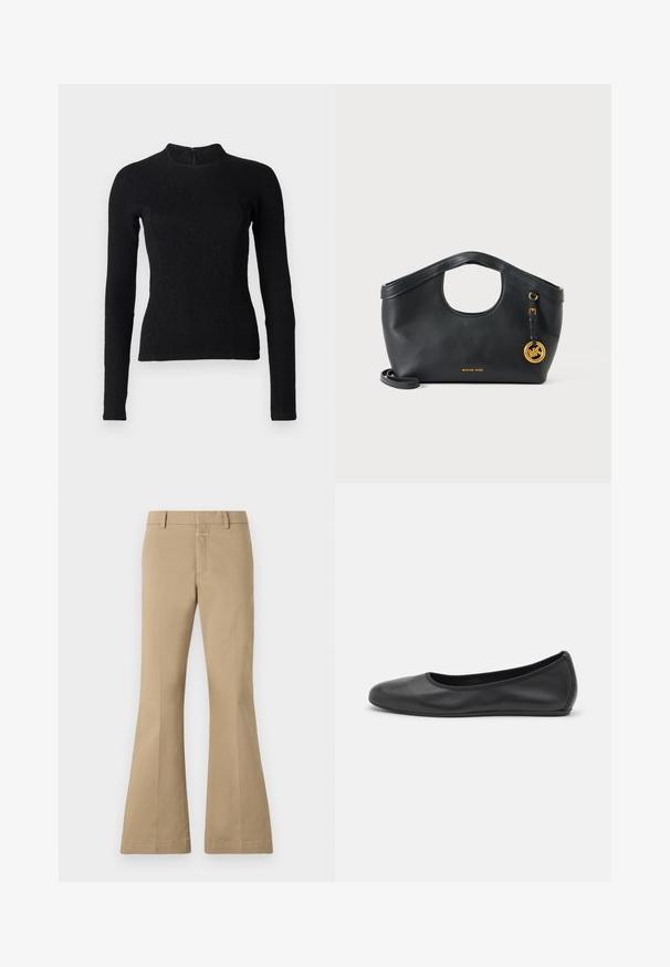Top noir à manches longues avec une coupe ajustée, en tissu texturé, et un col montant. Dispose d'une fermeture éclair dissimulée dans le dos.; CLOSED FELISE - Pantalon classique - urban beige; Ballerines en cuir noir avec un bout rond, texture lisse, détails de couture minimalistes et design de semelle flexible.; Sac à main en cuir noir Michael Kors avec poignée supérieure ronde évidée, charm logo doré et bandoulière amovible sur fond blanc.