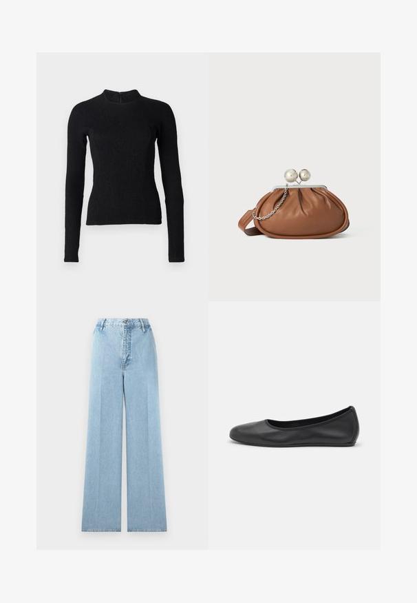 Zwarte lange mouwen top met een strakke pasvorm, textuurstof en een hoge halslijn. Voorzien van een verborgen rits aan de achterkant voor sluiting.; Lichtblauwe wijde jeans gemaakt van denim met een hoge taille, voorzien van vijf riemlussen, een voorknopsluiting en gestikte naden.; Zwarte leren ballerina met een ronde neus, gladde textuur, minimale stikdetails en een flexibele zoolontwerp.; Bruine leren clutch met een zilveren balsluiting en een klein zilveren kettingdetail op een witte achtergrond.