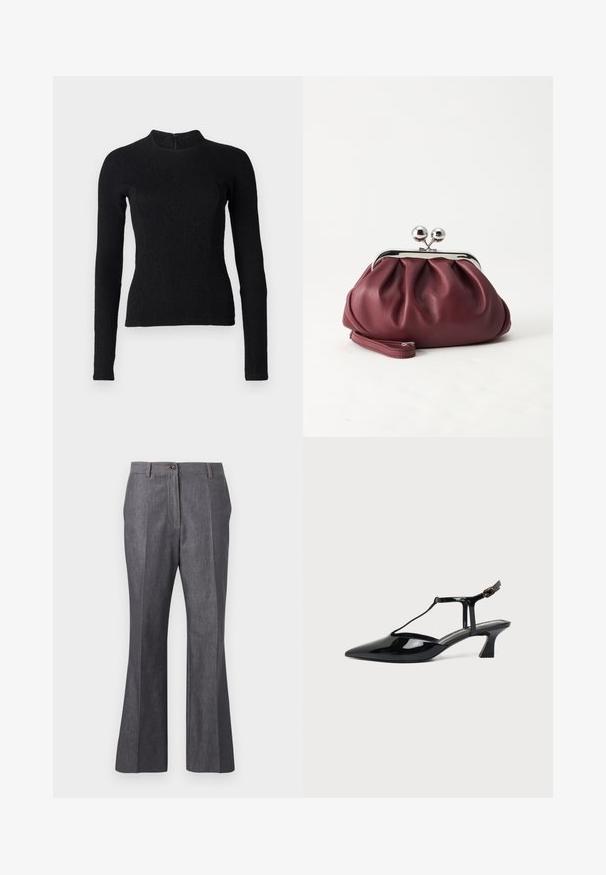 Top noir à manches longues avec une coupe ajustée, en tissu texturé, et un col montant. Dispose d'une fermeture éclair dissimulée dans le dos.; Pantalon gris à jambes droites avec pli sur le devant, passants pour ceinture et fermeture par bouton, fabriqué en tissu semblable au denim.; Chaussure slingback en cuir verni noir à bout pointu avec bride en T et petit talon bloc incliné sur fond blanc.; Petit sac pochette en cuir bordeaux avec fermoir métallique argenté et bracelet sur fond blanc.