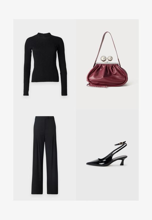 Top noir à manches longues avec une coupe ajustée, en tissu texturé, et un col montant. Dispose d'une fermeture éclair dissimulée dans le dos.; Pantalons larges noirs avec un devant plat, des plis et une taille ajustée. Fabriqués en tissu lisse et léger.; Escarpins à brides arrière en cuir verni noir, à bout pointu, avec un petit talon carré et une sangle de cheville ajustable dotée d'une boucle dorée.; Petit sac à main en cuir bordeaux avec des détails froncés, une fine bandoulière et une fermeture argentée comportant deux gros boutons ronds.