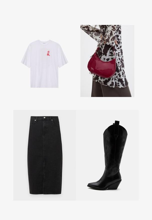 T-shirt en coton blanc à manches courtes, avec un graphique de botte de cowboy rouge sur le côté gauche de la poitrine. Texture douce, coupe décontractée.; Jupe en denim noir à taille haute, longueur au genou, couture frontale et conception classique à cinq poches. Dotée d'un bouton métallique et d'une texture subtile.; Botte de cowboy en cuir noir avec bout pointu, talon bloc incliné, couture décorative et languettes en haut sur fond blanc.; Femme portant un chemisier à motif noir et blanc tenant un sac à main rouge brillant sur un fond uni.