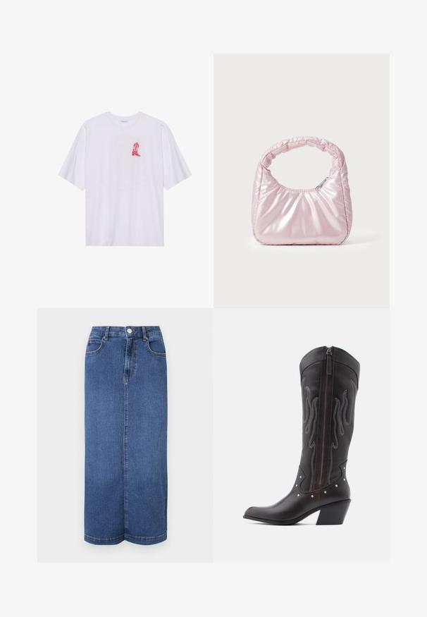 T-shirt en coton blanc à manches courtes, avec un graphique de botte de cowboy rouge sur le côté gauche de la poitrine. Texture douce, coupe décontractée.; Jupe maxi en denim bleu foncé, avec une coupe droite, une taille avec une fermeture à bouton et des détails de couture minimalistes.; Bottes de cowboy en cuir marron avec surpiqûres en forme de flammes, fermeture éclair latérale, clous argentés, bout pointu et talon superposé.; Sac à main rose rembourré avec un design arrondi, fabriqué à partir d'un matériau brillant. Dispose d'une poignée froncée et d'une fermeture éclair pour un accès sécurisé.