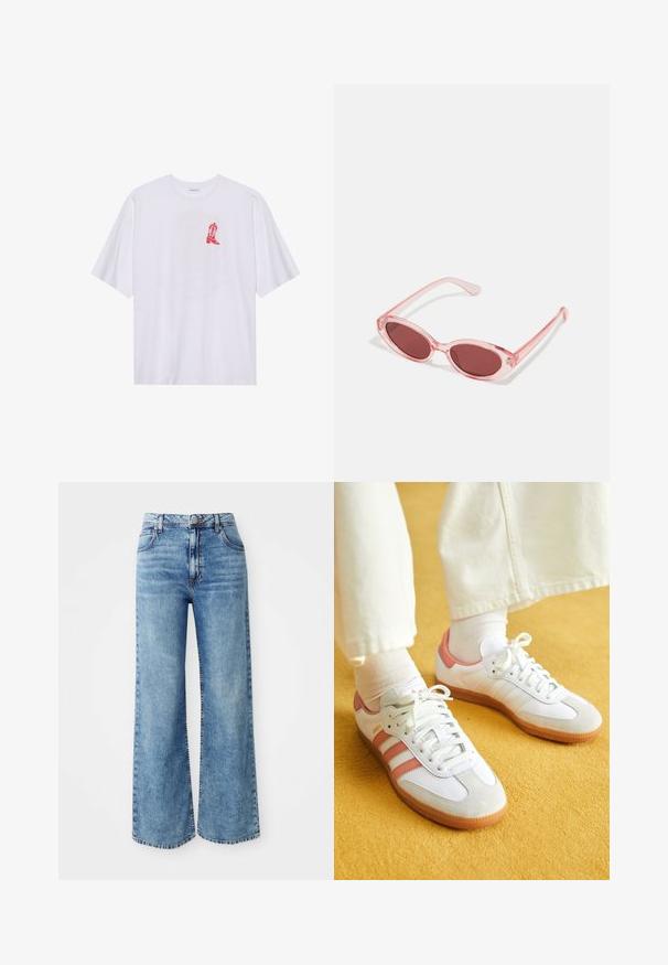 T-shirt en coton blanc à manches courtes, avec un graphique de botte de cowboy rouge sur le côté gauche de la poitrine. Texture douce, coupe décontractée.; Jeans larges en denim bleu clair avec une taille haute, dotés de cinq poches, d'une fermeture par bouton supérieur et de surpiqûres contrastées le long des coutures.; Baskets blanches avec des accents roses, en matériaux de daim et de cuir, à bout rond et semelle en caoutchouc, présentées avec des chaussettes claires sur un fond jaune.; Lunettes de soleil transparentes roses avec des verres ovales, teintés d'un rouge foncé, et des branches fines, présentant une finition lisse et des détails subtils sur la monture.