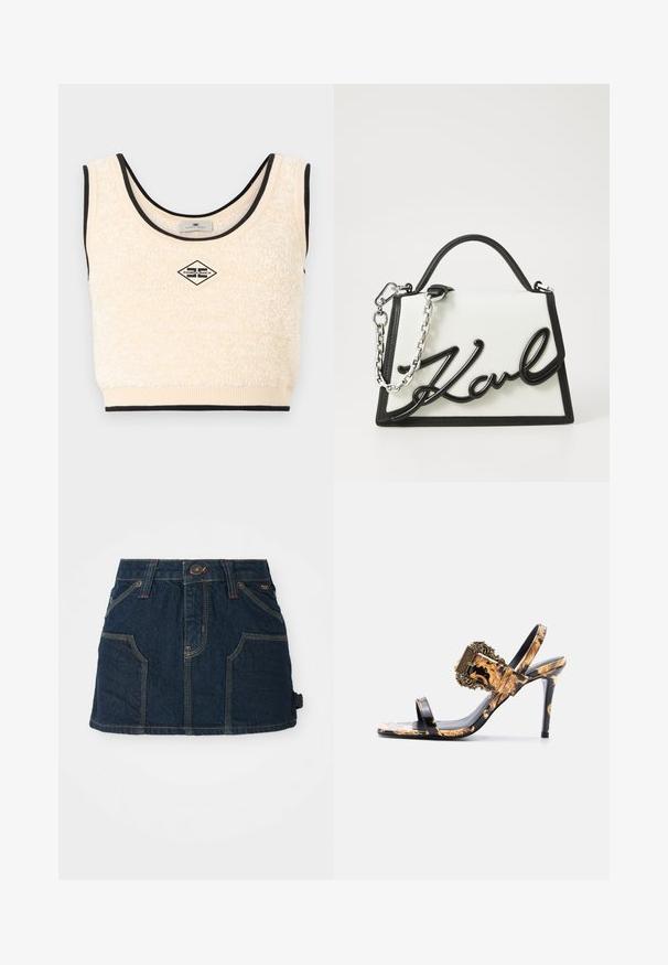 Haut court sans manches en texture crème avec un bord noir et un patch logo en forme de losange centré portant l'inscription "Elisabetta Franchi".; Jupe en denim de couleur bleu foncé, avec cinq poches, des coutures ton sur ton, un bouton de fermeture à l'avant et un ourlet effiloché sur un côté.; Sandale à talon haut à bout ouvert avec motif marbré noir et or, bride à la cheville et détail de boucle dorée ornée sur le côté.; Sac à main en cuir blanc avec des accents noirs, arborant un logo noir emblématique. Il présente une forme structurée et une bandoulière en chaîne argentée.