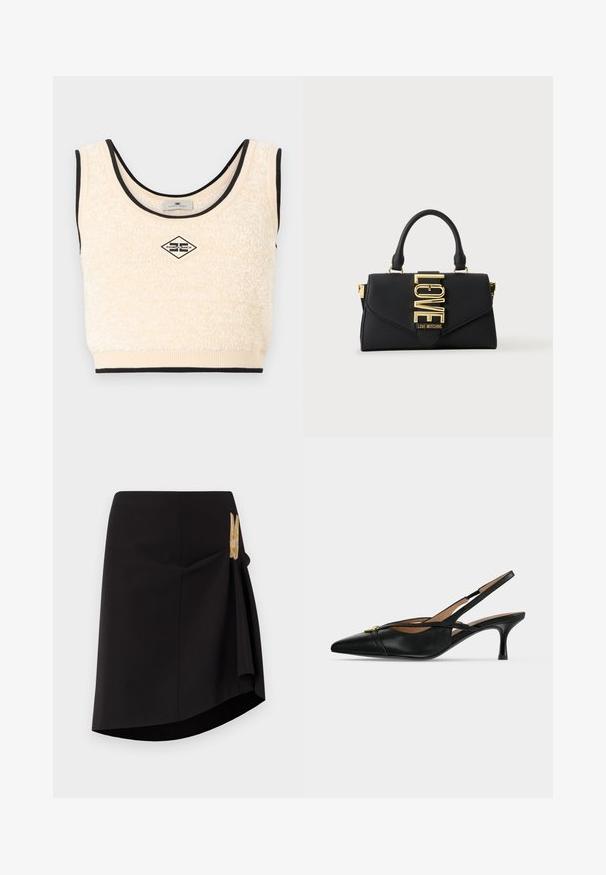 Κρεμ αμάνικο crop top με υφή, με μαύρο περίγραμμα και κεντρικό τσεπάκι με λογότυπο σε σχήμα ρομβού που γράφει "Elisabetta Franchi".; Μαύρη φούστα περιτυλίγματος με διαγώνια κόψη, λεία υφή και χρυσό διακοσμητικό κούμπωμα στο πλάι. Απλός και εφαρμοστός σχεδιασμός.; Μαύρο δερμάτινο παπούτσι slingback με μυτερή μύτη, χαμηλό τακούνι kitten και χρυσή αγκράφα μπροστά.; Μαύρη τσάντα χειρός με ενιαία λαβή, χρυσό κούμπωμα με τη λέξη LOVE και σήμανση "Love Moschino" στο μπροστινό καπάκι.