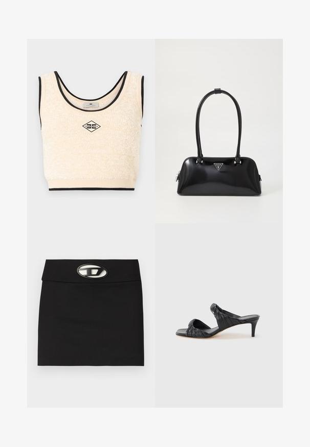 Κρεμ αμάνικο crop top με υφή, με μαύρο περίγραμμα και κεντρικό τσεπάκι με λογότυπο σε σχήμα ρομβού που γράφει "Elisabetta Franchi".; Μαύρη μίνι φούστα με επίπεδη μέση. Διαθέτει μια έντονη μεταλλική αγκράφα με λογότυπο μπροστά. Κατασκευασμένη από λεία ύφασμα χωρίς εμφανή σχέδια.; Μαύρα σανδάλια με τακούνι και τετράγωνη μύτη, κατασκευασμένα από λείο δέρμα. Διαθέτουν ραμμένα λουριά και λεπτό τακούνι για επιπλέον ύψος.; Μαύρη γυαλιστερή τσάντα χειρός με καμπύλη σιλουέτα, δύο χερούλια και πλακέτα λογοτύπου μπροστά. Κλείσιμο με φερμουάρ και λαμπερά αξεσουάρ.
