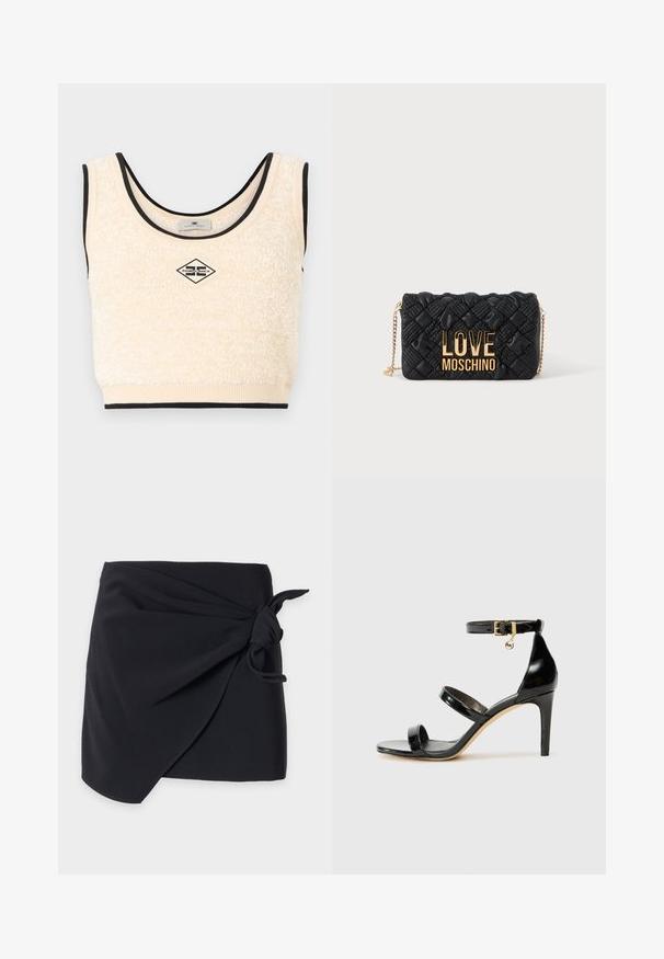 Haut court sans manches en texture crème avec un bord noir et un patch logo en forme de losange centré portant l'inscription "Elisabetta Franchi".; Jupe portefeuille noire avec un détail de nœud sur le côté, ourlet droit et tissu lisse sur un fond clair uni.; Sandale en cuir verni noir avec trois brides, boucle de cheville et talon aiguille de 10 cm. Présente un détail en métal doré et un charm logo.; Sac bandoulière matelassé noir avec bandoulière chaîne dorée et grand logo doré "LOVE MOSCHINO" sur le devant.