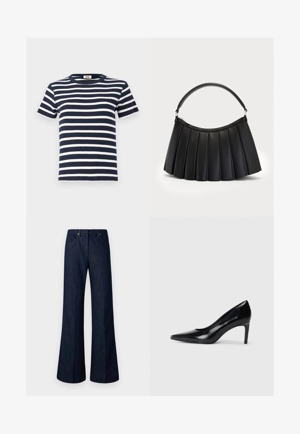 T-shirt rayé bleu marine et blanc en tissu côtelé, avec un col rond et des manches courtes. Le design met l'accent sur les lignes horizontales.; Jean en denim bleu foncé évasé avec une taille haute, des poches avant et des accents en métal doré. Texture lisse et design à jambe large.; Chaussure à talon haut en cuir noir avec un bout pointu, texture lisse et un talon effilé. Design minimaliste, sans embellissements supplémentaires.; Sac noir plissé en simili cuir, avec une anse incurvée et une fermeture éclair sur le dessus. Texture lisse avec un design structuré.