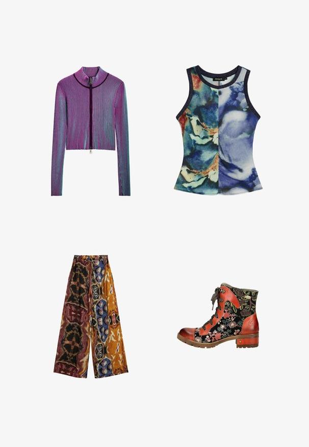 Chaqueta recortada con cremallera y manga larga en un patrón de rayas ribeteadas multicolor que presenta tonos de rosa, púrpura y azul. Detalle de cremallera plateada en la parte delantera.; Top de mujer sin mangas con cuello redondo y estampado abstracto de acuarela en azul, verde y beige, con bordes oscuros.; Pantalones de pierna ancha con cintura de cordón, con un patrón abstracto multicolor en tonos de naranja, azul, rojo, negro y beige.; Botín con cordones hasta el tobillo con parte superior de tela negra con flores, acentos en cuero naranja, puntera redonda y un tacón de bloque de 3 cm. Presenta un cordón con patrón.