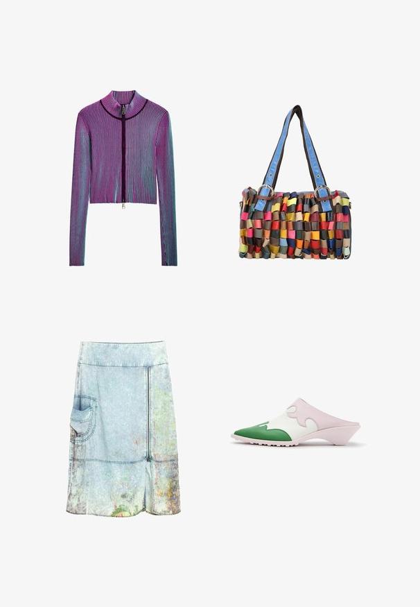 Afkortet jakke med lynlås og lange ærmer i flerfarvet ribbet mønster med pink, lilla og blå striber. Sølv lynlåsdetalje foran.; Lyseblå denim nederdel til knæet med sidelomme, frontlynlås og subtile blomster mønstre nær kanten.; Slip-on mule sko med spids grøn tå, hvid overdel med pink bølget overlay og lav skrå hæl på hvid baggrund.; Lille rektangulær håndtaske med vævede flerfarvede læderstrimler og blå læder skulderstropper med metalspænder.