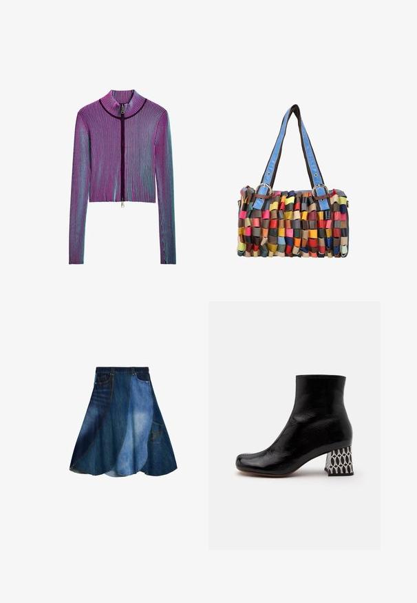 Ingekorte ritsjack met lange mouwen in een meerkleurig geribbeld patroon met roze, paarse en blauwe strepen. Zilveren ritsdetails aan de voorkant.; Denim rok met een patchwork ontwerp in verschillende tinten blauw, uitlopende vorm en een zijzak. Gladde textuur en casual stijl.; Zwarte lakleren enkellaars met een vierkante neus en een opvallende hak met een zwart-wit geometrisch patroon.; Kleine rechthoekige handtas met gevlochten meerkleurige leren stroken en blauwe leren schouderbanden met metalen gespen.