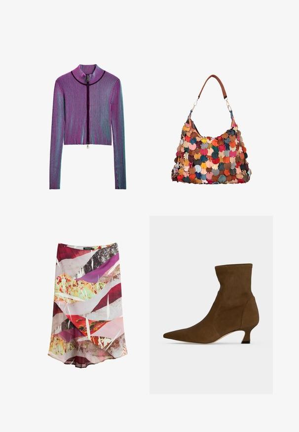 Ingekorte ritsjack met lange mouwen in een meerkleurig geribbeld patroon met roze, paarse en blauwe strepen. Zilveren ritsdetails aan de voorkant.; Midi-rok met abstracte meerkleurige print in rood, roze, paars, geel en wit, met gelaagde stof en een subtiele A-lijnsilhouet.; Bruine enkellaars met spits toelopende neus en lage kittenhak, gemaakt van glad materiaal, getoond tegen een effen achtergrond.; Handtas met bruine leren band en meerkleurige leren bloemenpatches die het hoofdlichaam bedekken in verschillende herfsttinten.