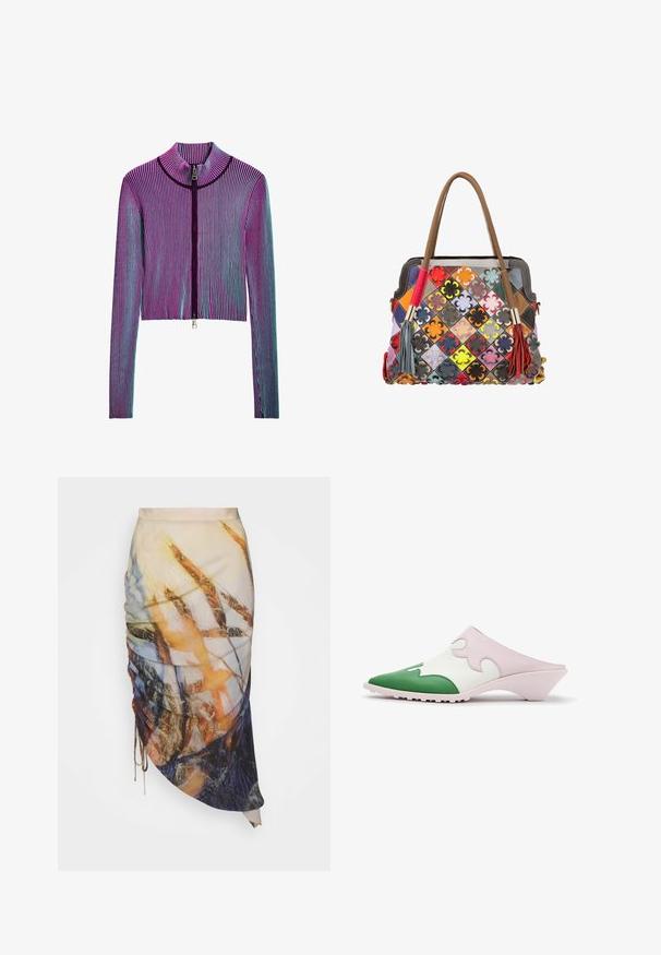 Ingekorte ritsjack met lange mouwen in een meerkleurig geribbeld patroon met roze, paarse en blauwe strepen. Zilveren ritsdetails aan de voorkant.; Materiel DIAGONAL GATHERED SKIRT - Kokerrok - golden hour; Slip-on mule schoen met puntige groene neus, witte bovenzijde met roze golvend overlay en lage schuine hak op witte achtergrond.; Tote bag met bruine handvatten, diamantvormig patchwork van meerkleurige leren vierkanten, elk met een versiering van een bloem met vier blaadjes en kwastjes aan de handvatten.