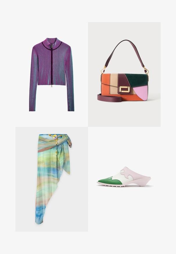 Ingekorte ritsjack met lange mouwen in een meerkleurig geribbeld patroon met roze, paarse en blauwe strepen. Zilveren ritsdetails aan de voorkant.; Asymmetrische doorzichtige wikkelrok met blauw, groen en beige gradientpatroon, vastgemaakt met een decoratieve kralenriem en ronde gesp.; Slip-on mule schoen met puntige groene neus, witte bovenzijde met roze golvend overlay en lage schuine hak op witte achtergrond.; Colorblock leren handtas in oranje, beige, bordeaux, groen en roze met gouden sluiting en dubbele bordeauxkleurige banden, één kort en één lang.