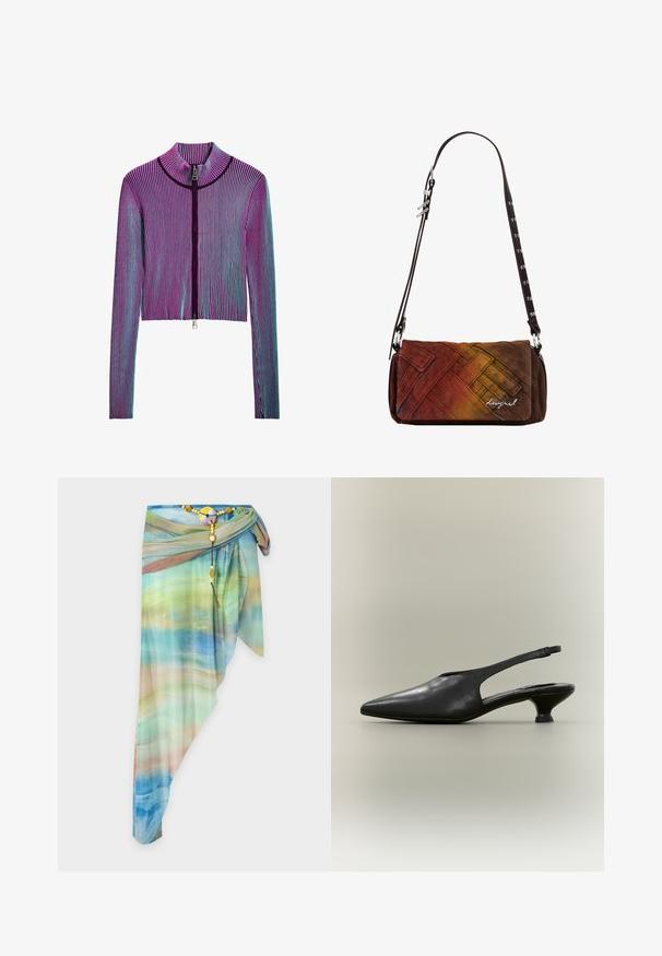 Veste zippée courte à manches longues avec un motif en ribbed multicolore comportant des rayures roses, violettes et bleues. Détail en zip argenté à l'avant.; Jupe portefeuille asymétrique en voile avec un motif dégradé bleu, vert et beige, fixée avec une ceinture décorative perlée et une boucle ronde.; Chaussure à bride arrière en cuir noir avec bout pointu et petit talon bas sur fond neutre.; Sac bandoulière rectangulaire avec une sangle ajustable brun foncé, présentant un tissu texturé tissé en dégradé de rouge, orange et marron avec un petit logo.