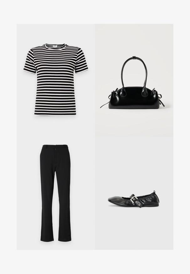 Camiseta de manga corta a rayas en blanco y negro con una textura acanalada y un cuello redondo. Las rayas están espaciadas uniformemente por toda la tela.; Pantalones negros acampanados con una textura suave, que cuentan con un frente plano, presillas para el cinturón y un cierre de cremallera. Diseñados para un ajuste a medida.; Zapato plano de piel negra con puntera afilada, detalle fruncido alrededor de la abertura y un acento de hebilla plateada en la correa ajustable.; Pequeño bolso negro brillante con dos asas largas y detalles de cordón lateral sobre un fondo claro liso.