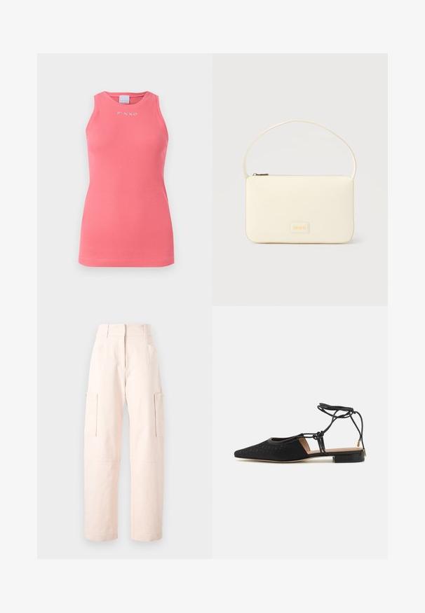 Top sin mangas de color rosa con textura de canalé y cuello redondo, que presenta un pequeño logo blanco "PINKO" centrado en el pecho.; Pantalones cargo de color rosa claro, fabricados en algodón, con corte recto, dos bolsillos laterales y una cinturilla con detalles elásticos.; Zapato plano negro con punta afilada, parte superior texturizada, lazos en los tobillos y un tacón bajo cuadrado. Presenta un patrón sutil en el material.; Bolso rectangular color crema con una sola correa y cremallera superior, con una pequeña placa de logotipo en relieve en el frente.