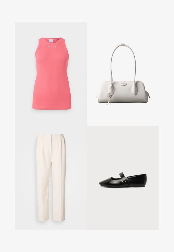 Top sin mangas de color rosa con textura de canalé y cuello redondo, que presenta un pequeño logo blanco "PINKO" centrado en el pecho.; Lacoste Pantalones - lapland; Zapato plano Mary Jane de cuero negro con punta redondeada y hebilla plateada sobre un fondo liso.; Bolso de hombro blanco de Calvin Klein con asas largas, forma rectangular, cierre de cremallera y charm decorativo con el logo colgando cerca del asa.