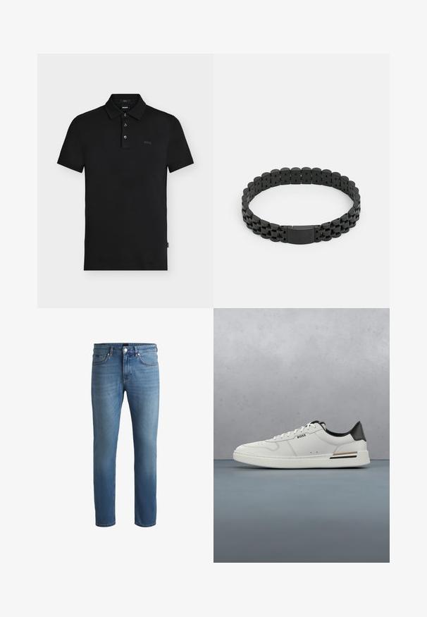Zwarte slim-fit poloshirt met drie knopen, korte mouwen en een subtiel "BOSS"-logo op de borst en binnen de kraag.; Lichtblauwe denim jeans met een regular fit, voorzien van een gladde textuur, een vijf-pocket design en een ritssluiting met knoop. ; Witte lage sneaker met zwarte hiel, vetersluiting, subtiele perforaties en het "BOSS" logo aan de zijkant, getoond vanuit het zijprofiel.; BOSS OWAN - Armband - black
