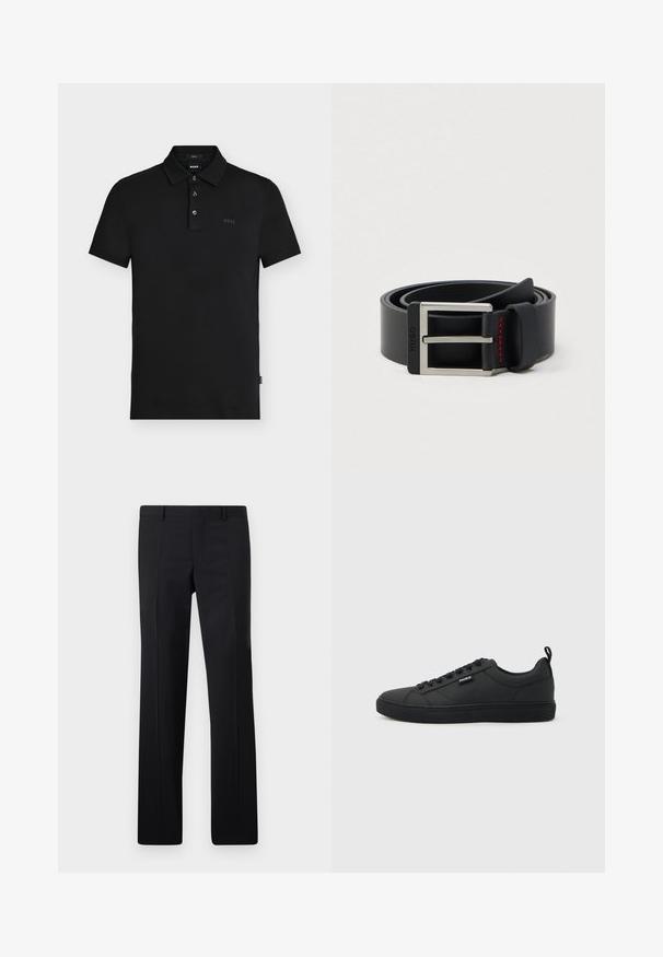 Sort slim-fit polo skjorte med tre knapper, korte ærmer og diskret "BOSS" logo på brystet og indersiden af kraven.; Sorte skræddersyede bukser med et lige ben design, skarpe folder og en glat overflade. Fremstillet af letvægtsstof med en ren talje.; Sort lavtop sneakers med snørelukning, flad sål og lille "HUGO"-mærke på siden, vist i profil mod en lys baggrund.; Sort læderbælte rullet sammen med en sølvfarvet rektangulær metalspænde og røde syninger nær spændeløkken.