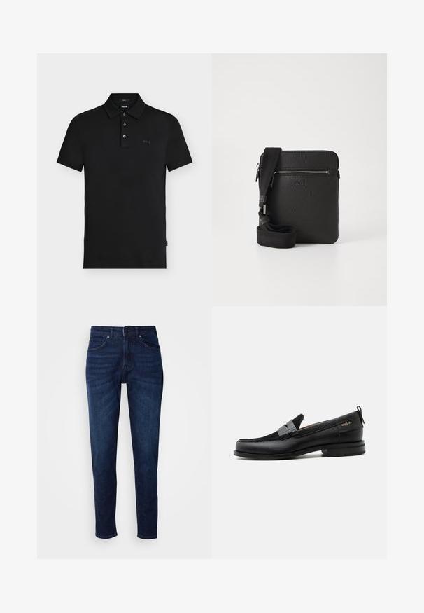 Sort slim-fit polo skjorte med tre knapper, korte ærmer og diskret "BOSS" logo på brystet og indersiden af kraven.; Mørkeblå denimbukser med lige ben, der har lommer og knaplukning i taljen. Blød tekstur, minimal falming.; Sort læderloafer med grå remdetalje, lav hæl og tekstureret sål, mærket med "HUGO" i guld på siden.; Sort læder crossbody taske med en tekstureret overflade, lynlåslomme foran og en justerbar stofrem. Enkel firkantet design.