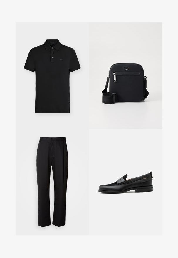 Zwarte slim-fit poloshirt met drie knopen, korte mouwen en een subtiel "BOSS"-logo op de borst en binnen de kraag.; Zwarte broek met een rechte snit, gemaakt van lichtgewicht stof. Heeft een frontale knoopsluiting en twee zijzakken; gladde textuur.; Zwarte leren loafer met grijs riemdetailelement, lage hak en gestructureerde zool, aan de zijkant gebrandmerkt met "HUGO" in goud.; Zwarte leren crossbodytas met een gladde textuur, voorzien van een voorvak met ritssluiting, verstelbare riem en een strak vierkant ontwerp.