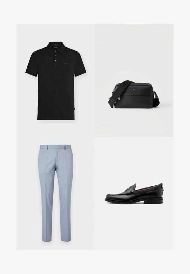 Polo noir slim-fit avec trois boutons, manches courtes et discret logo "BOSS" sur la poitrine et à l'intérieur du col.; Pantalons ajustés bleu clair avec une texture de tissu lisse, dotés d'un devant plat, de deux poches frontales et d'un design slim.; Mocassin homme en cuir noir avec couture moc toe, bride penny, col texturé et petit talon empilé sur fond blanc.; Sac bandoulière en cuir noir texturé avec poche avant zippée et bandoulière large en tissu réglable sur fond blanc.