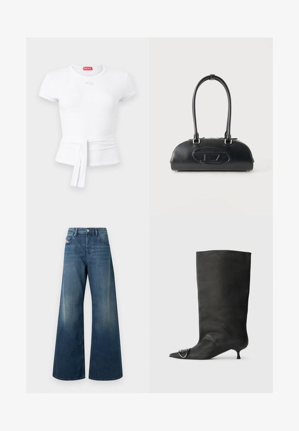 Crop top blanc à manches courtes côtelées avec encolure ronde, ceinture amovible à la taille et petit patch avec logo Diesel sous le col.; Jean évasé en denim bleu foncé, présentant une finition délavée, un design traditionnel à cinq poches et une fermeture à bouton métallique à la taille.; Bottines en cuir noir à bout pointu, petite talon et détail métallique sur le bout. Texture lisse et mate partout.; Sac à main en cuir noir avec longues poignées doubles et logo ovale embossé sur le devant, présenté sur un fond clair uni.