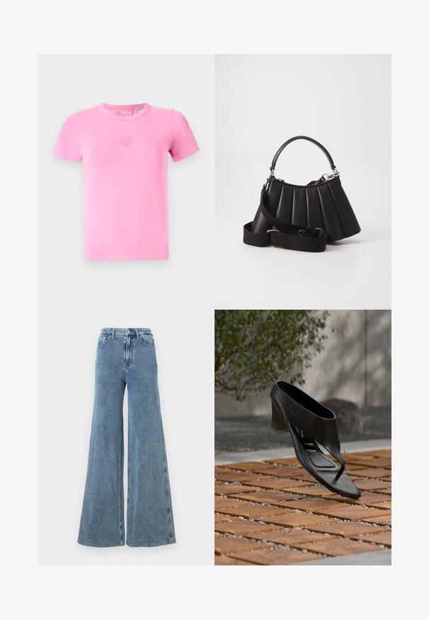 Camiseta rosa de manga corta hecha de suave algodón. Presenta un pequeño diseño bordado de un corazón en el pecho. Estilo clásico de cuello redondo.; Good American JEANIUS GOOD SKATE - Vaqueros boyfriend - indigo; Sandalia negra de tacón alto con tira entre los dedos, flotando sobre una superficie exterior de madera y grava con patrón, con vegetación desenfocada y pared al fondo.; Bolso de mano negro con pliegues, manejo redondeado, correa ajustable y textura brillante. Presenta herrajes plateados y una silueta estructurada.