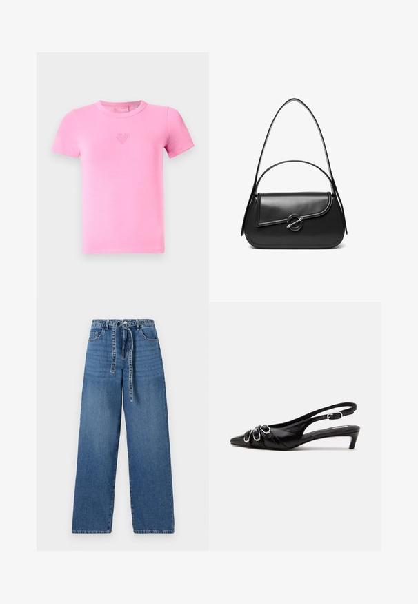 Camiseta rosa de manga corta hecha de suave algodón. Presenta un pequeño diseño bordado de un corazón en el pecho. Estilo clásico de cuello redondo.; Jeans de denim azul claro de pierna ancha con cintura alta, que presentan un cierre con lazo, dos bolsillos frontales y un patrón ligeramente deslavado.; Zapato slingback de cuero negro con punta puntiaguda, tres hebillas plateadas en la parte delantera y tacón bajo tipo «kitten» sobre fondo blanco.; Bolso de hombro de cuero negro con una solapa curva asegurada por un broche metálico redondo y una correa delgada y ajustable.