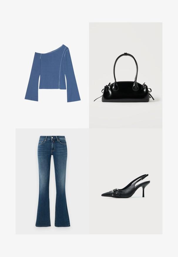 Even&Odd by Zalando Μπλούζα με μακριά μανίκια - dark denim; Μπλε τζιν παντελόνι ψηλής μέσης με ελαφριά φθορά, μπροστινές τσέπες, κουμπί, φερμουάρ και καμπάνα, σε απλό ανοιχτό φόντο.; Μαύρο δερμάτινο γυναίκειο παπούτσι με ψηλό τακούνι, μυτερή μύτη, λουράκι με αγκράφα και λεπτομέρεια με τρύπες μπροστά.; Μικρή μαύρη γυαλιστερή τσάντα με δύο μακριές λαβές και λεπτομέρειες με ρυθμιζόμενο κορδόνι στο πλάι σε απλό ανοιχτό φόντο.
