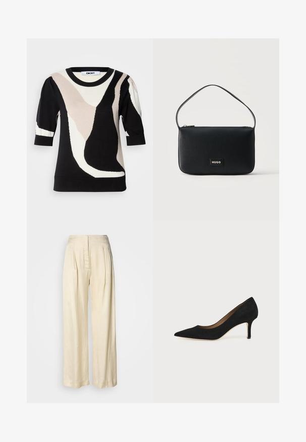 Pull DKNY à manches courtes avec motifs abstraits noirs, blancs et beiges, col rond et poignets côtelés pour la texture. Matière en maille douce.; Pantalon en soie crème taille haute avec plis, jambes larges et fermeture éclair avant dissimulée sur un fond blanc uni.; Escarpin en daim noir à bout pointu avec un talon stiletto fin de hauteur moyenne et un design à coupe basse sur un fond uni.; Sac d'épaule rectangulaire en cuir noir avec une petite plaque logo "HUGO" en or et une seule fine bandoulière.