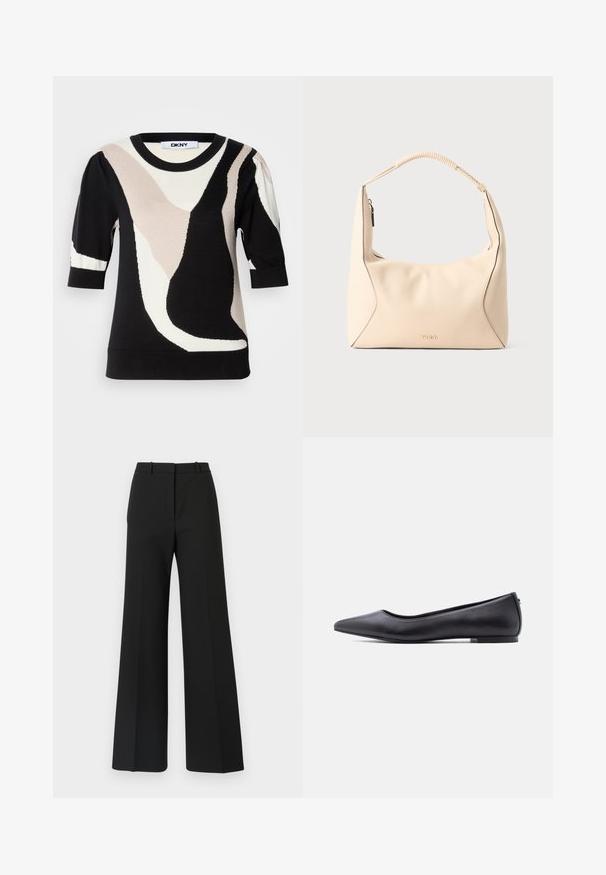 Pull DKNY à manches courtes avec motifs abstraits noirs, blancs et beiges, col rond et poignets côtelés pour la texture. Matière en maille douce.; Pantalons black à jambes larges avec un design sur mesure, présentant une texture lisse et de subtils plis à l'avant. Pas de garnitures ou de motifs visibles.; Chaussure plate en cuir noire à bout pointu avec petit talon, vue de profil sur fond blanc.; Sac à main en cuir couleur crème avec poignée tressée et fermeture éclair dorée, avec un logo "HUGO" embossé subtil au centre avant.