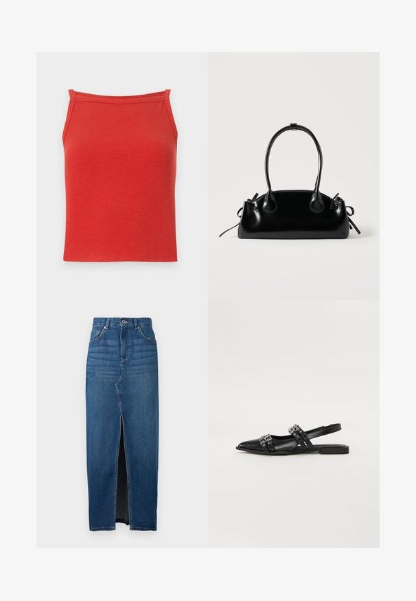 Débardeur rouge à côtes avec une coupe ajustée, des bretelles étroites et une texture lisse. Présente un décolleté simple et épuré sans détails supplémentaires.; Jupe en denim bleu foncé, dotée d'une fente à l'avant, taille haute et design à cinq poches. Fabriquée en denim résistant avec des coutures visibles.; Even&Odd by Zalando Ballerines à brides arrière - black; Petit sac à main noir brillant avec deux longues anses et des détails à cordon sur les côtés sur un fond clair uni.