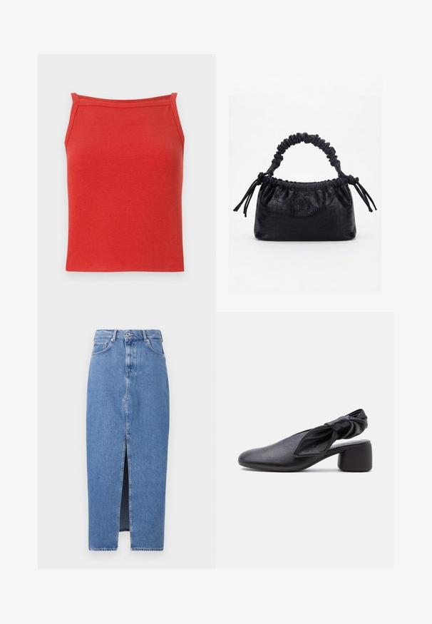 Débardeur rouge à côtes avec une coupe ajustée, des bretelles étroites et une texture lisse. Présente un décolleté simple et épuré sans détails supplémentaires.; Jupe midi en denim bleu clair avec une fente avant, design classique à cinq poches et fermeture par bouton supérieur. Le tissu présente une légère texture.; Chaussure slingback en cuir noir avec bout arrondi, détail de bride nouée et petit talon carré sur fond blanc.; Sac à main noir avec texture crocodile, bord supérieur froncé, poignée plissée et pompons à cordon de chaque côté sur fond blanc.