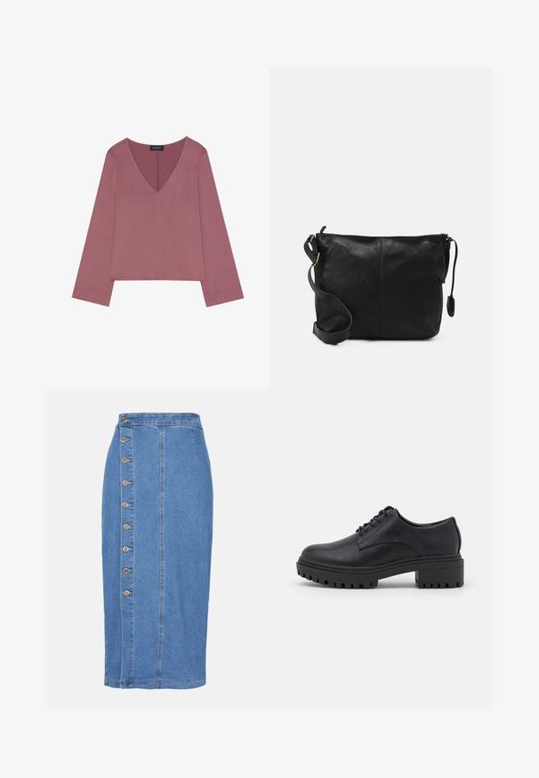 Top à manches longues en V en rose poussiéreux, avec une coupe décontractée, un tissu doux et un ourlet droit avec des détails de couture minimaux.; Jupe midi en denim bleu clair avec une fermeture à boutons sur le devant, sept boutons métalliques et une silhouette droite avec un ourlet en dessous du genou.; Chaussure noire en cuir à lacets avec un bout rond, semelle en caoutchouc striée et solide talon carré, présentant une texture lisse et un design minimaliste.; Sac bandoulière en cuir noir avec une forme plate, accents en métal doré et une sangle ajustable. Texture lisse avec des détails de couture minimaux.
