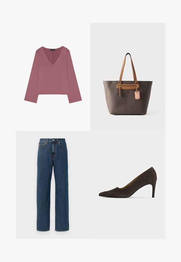 Top à manches longues en V en rose poussiéreux, avec une coupe décontractée, un tissu doux et un ourlet droit avec des détails de couture minimaux.; Jeans en denim bleu foncé avec une coupe droite. Comprend cinq poches, des détails de couture subtils et une fermeture à bouton au niveau de la taille.; Chaussure à talons hauts brun foncé à bout pointu, finition lisse et talon fin sur un fond clair uni.; Sac cabas Michael Kors marron avec de longues anses en cuir tanné, poche avant zippée et étiquette en cuir attachée, sur fond blanc uni.
