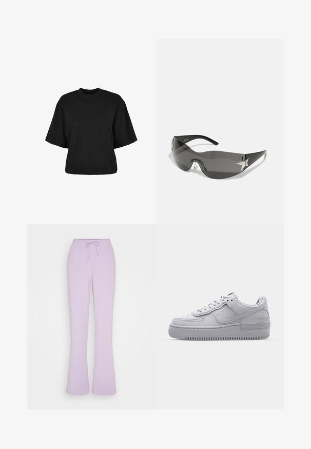 Camiseta corta negra de algodón. Cuenta con mangas cortas y un escote redondo. Textura suave con un diseño sencillo, sin patrones adicionales.; Envii ONYX PANTS - Pantalones deportivos - purple rose; Zapatilla Nike Air Force 1 gris con puntera perforada, parte superior de cuero suave, suela gruesa y detalle en relieve 'AIR' en el talón.; Gafas de sol negras con diseño envolvente, lentes oscuros, acentos brillantes en forma de estrella y almohadillas nasales ajustables.