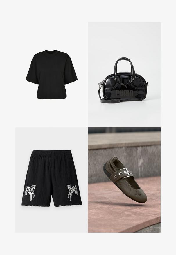 Schwarzes, kurz geschnittenes T-Shirt aus Baumwolle. Hat kurze Ärmel und einen runden Halsausschnitt. Glatte Textur mit einem schlichten Design, ohne zusätzliche Muster.; Schwarze Shorts aus texturiertem Stoff; mit weißen gestickten Designs an beiden Beinen und Kontrastnähten am Saum. Elastischer Bund.; Olivgrüner flacher Schuh mit schwarzer Sohle, dekorativer Naht und einem großen silbernen Schnallenriemen, der über einer Steinoberfläche schwebt.; Schwarze Lacklederhandtasche mit doppelten Griffen oben, abnehmbarem Schulterriemen, runder Form und hervorgehobenem geprägten "PUMA"-Logo.