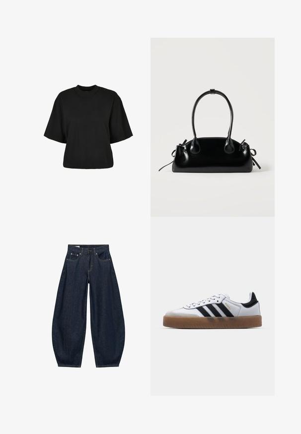 T-shirt noir court en coton. Doté de manches courtes et d'un col rond. Texture lisse avec un design simple, sans motifs supplémentaires.; Jean en denim bleu foncé à jambes larges avec poches avant, passants de ceinture et fermeture par bouton à la taille.; Baskets en cuir blanc avec des rayures noires, semelle extérieure en caoutchouc beige, bout rond, fermeture lacée et embout en suède gris doux.; Petit sac à main noir brillant avec deux longues anses et des détails à cordon sur les côtés sur un fond clair uni.