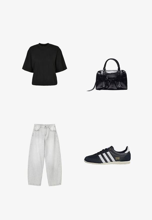 Zwart cropped t-shirt van katoen. Heeft korte mouwen en een ronde halslijn. Glad materiaal met een eenvoudig ontwerp, geen extra patronen.; Lichtgrijze, wijde jeans van denim, met voorzakken, een knoopsluiting in de taille en een lichte vervaging.; Zwarte leren sneakers met drie witte strepen, een gestructureerde afwerking, een gouden 'adidas JAPAN' logo en een rubberen zool met grippatroon.; Zwarte glanzende leren handtas met twee handvatten, voorvak met rits, gespdetails en een polsbandje op een witte achtergrond.
