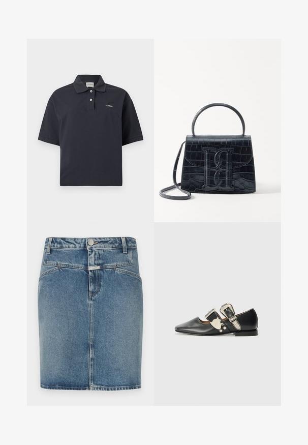 Polo à manches courtes bleu marine foncé avec deux boutons et petit logo blanc "CLOSED" sur la poitrine et l'étiquette du col.; Jupe en denim bleu clair, avec une coupe ajustée, un style cinq poches, une fermeture à boutons sur le devant et des détails de coutures visibles.; Chaussure plate en cuir noir avec un bout pointu, des accents de boucle en argent et des rivets décoratifs. Elle possède un petit talon et une texture lisse.; Sac à main en cuir noir embossé en crocodile avec un design structuré, une poignée supérieure, une bandoulière ajustable et un détail de logo en avant bien visible.